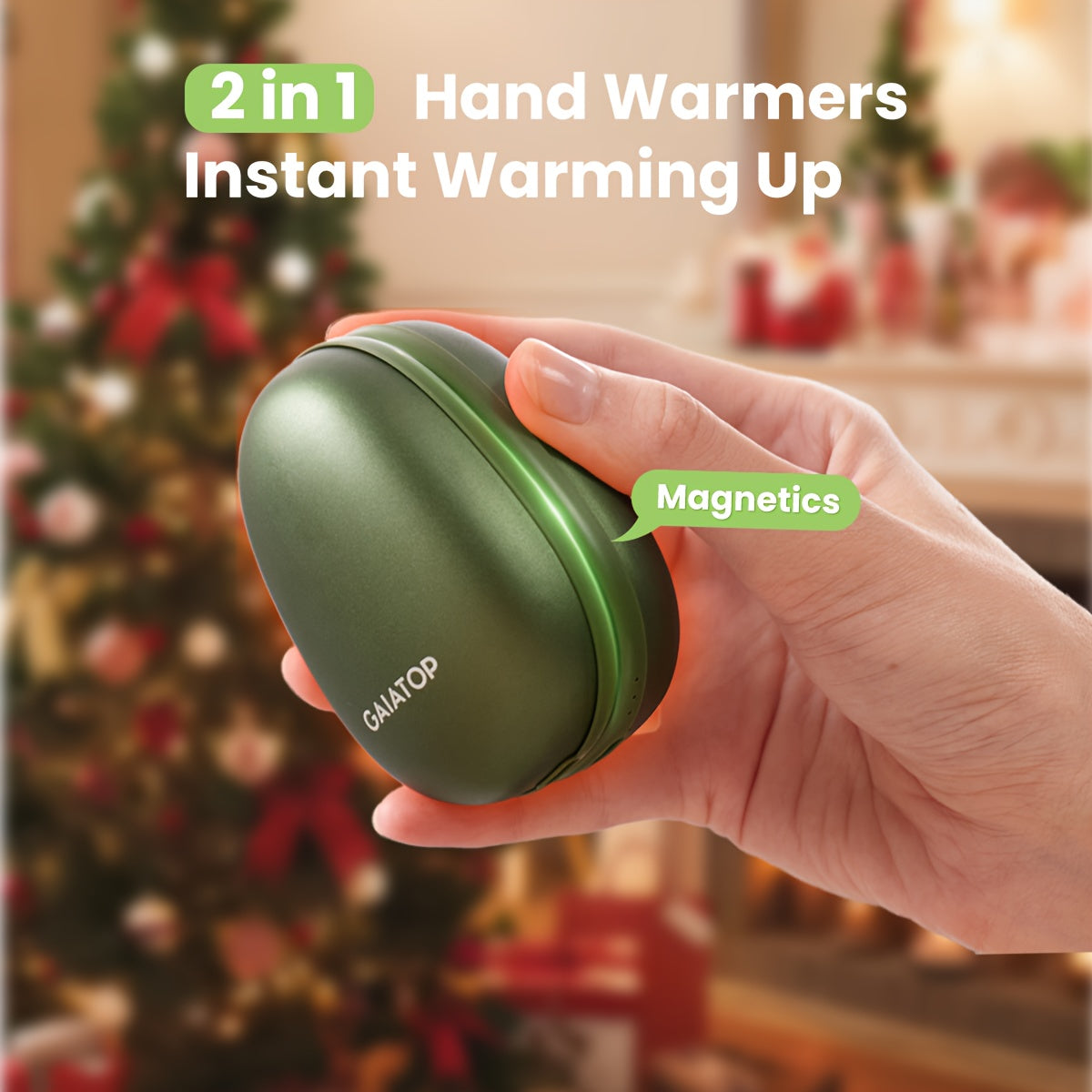 Get two GAIATOP Mini Hand Warmers in this pack! These portable USB rechargeable hand warmers feature a 4000mAh lithium battery, stylish face design, and are compact and safe for a Christmas holiday gift.