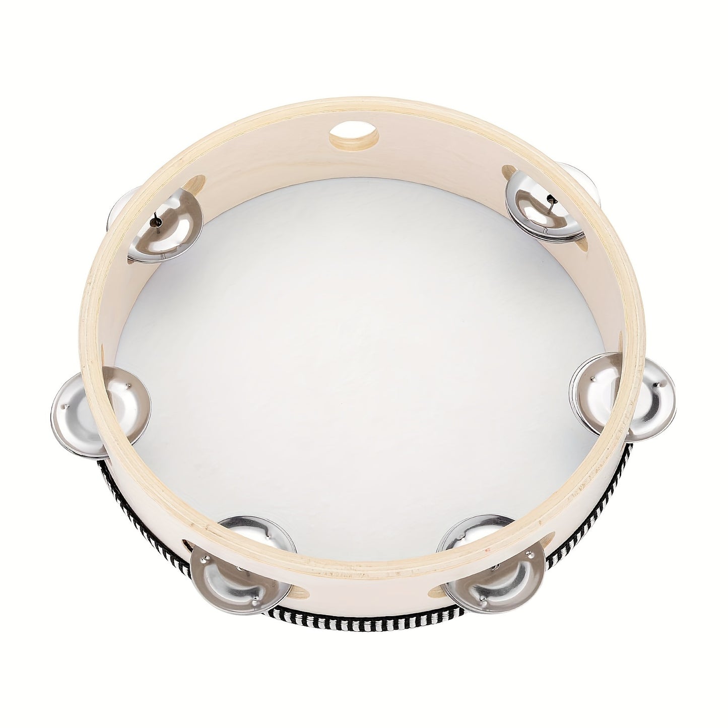 Beige Polyethylene Terephthalate Hand Held Tambourine with Metal Jingles, Educational Musical Gift for various occasions.