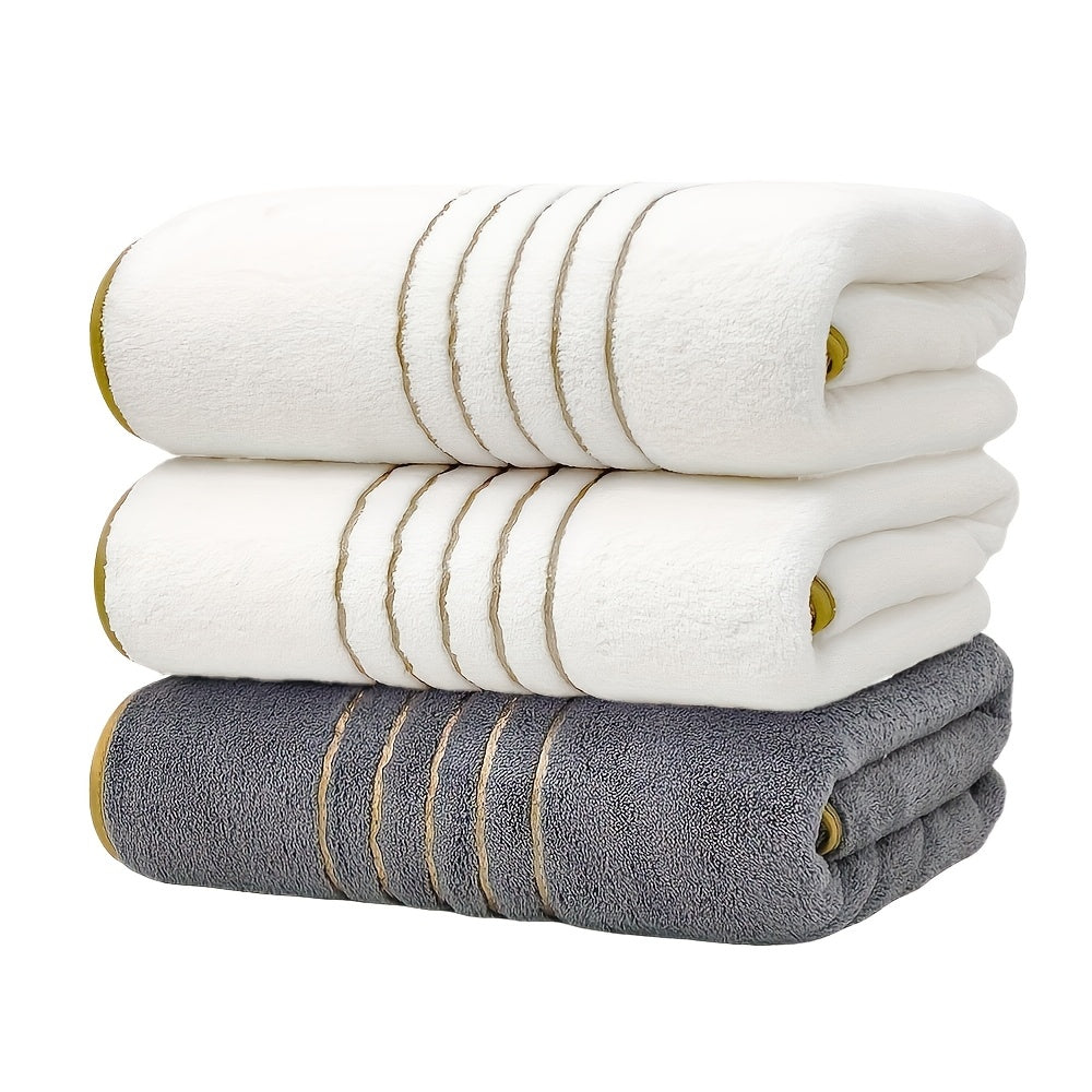 Three MidEnsi Microfiber Bath Towels with Quick-Dry Technology and Super Absorbency. Striped design in White, Blue-Gray, and Black. Ideal for Spa, Yoga, Fitness, and Bathroom. 70 x 140 cm.