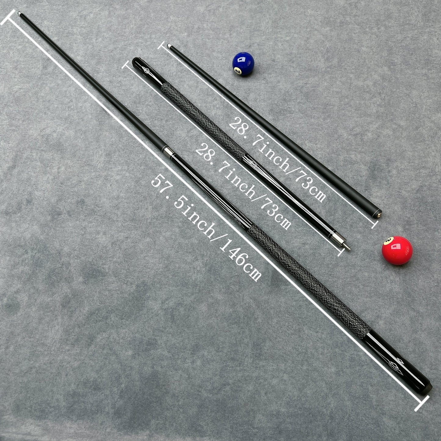 Billiard Cue Set includes 1 premium cue, 1 high-quality cue box, and 2 pieces of gun powder. The cue features a carbon forearm, non-slip line grip, and excellent hitting effect. Length