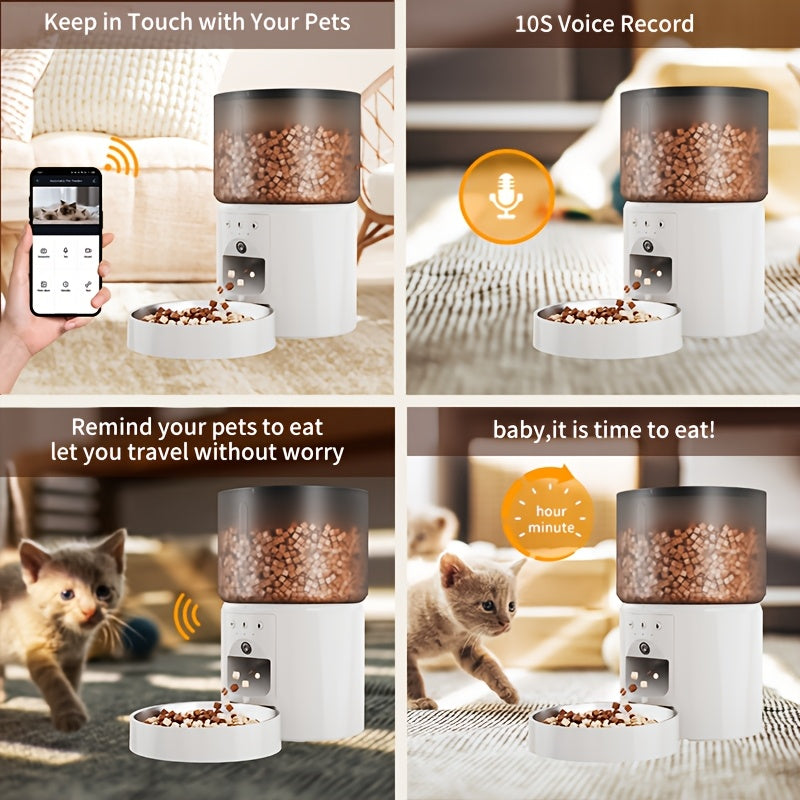 Automatic cat feeder with timed and quantitative feeding, large grain storage capacity, video and voice interactive features, three versions available, keeps food dry.