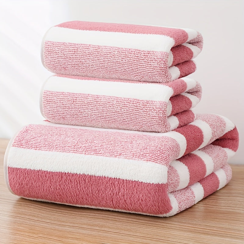 3-piece striped towel set includes 1 bath towel and 2 hand towels. Soft, absorbent, and quick-drying for the bathroom.