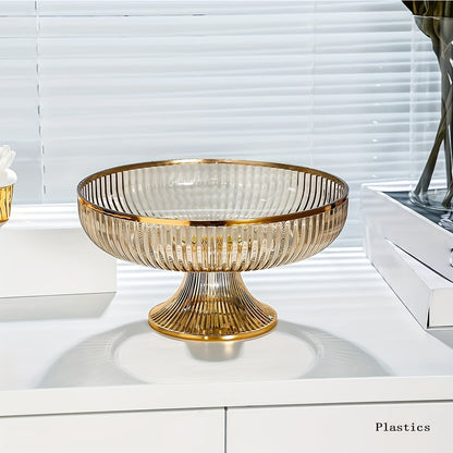 Beautiful acrylic fruit bowl with golden rim and luxurious texture. Perfect for snacks, candy, and fruits. Ideal for home decor, weddings, parties, and table centerpiece.