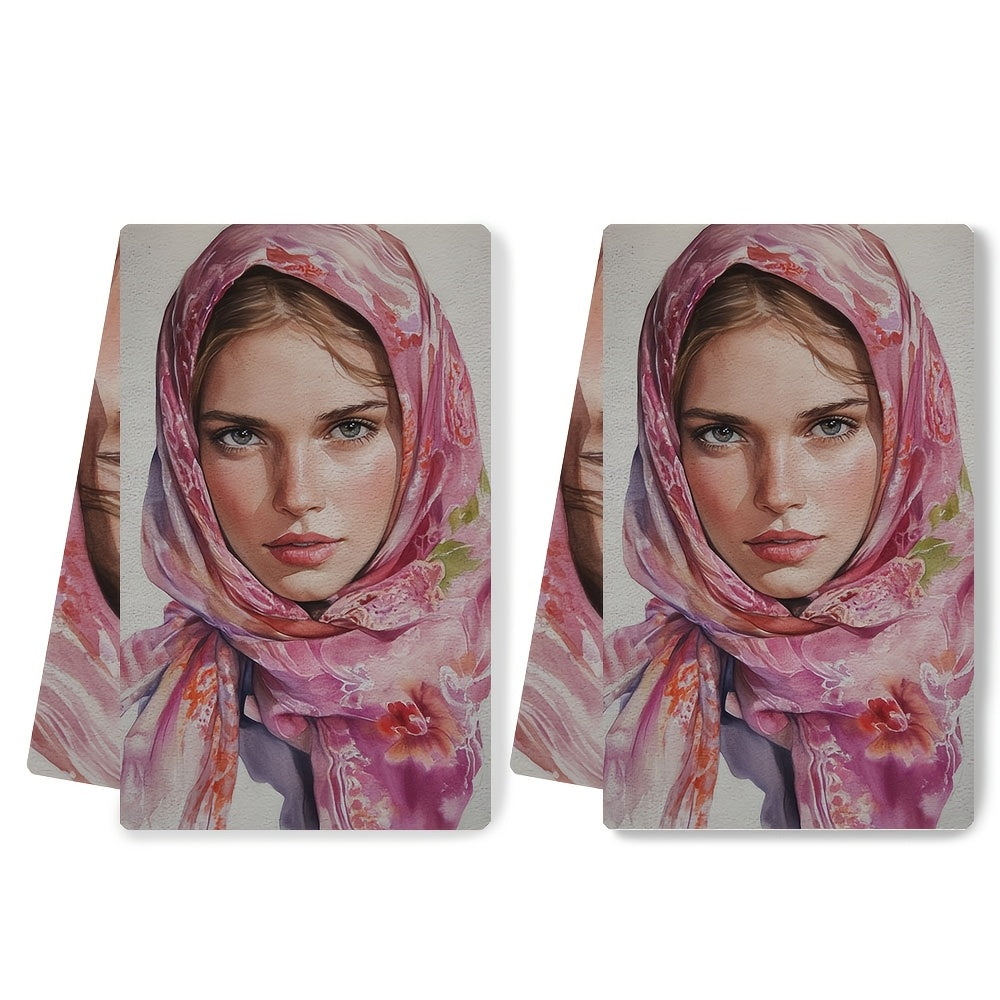 Two pieces of ultra-soft kitchen towels featuring a vibrant floral woman design, with a luxurious silk scarf feel. These towels are highly absorbent, machine washable, and measure 40.64x60.96 cm. Perfect for holiday decor.