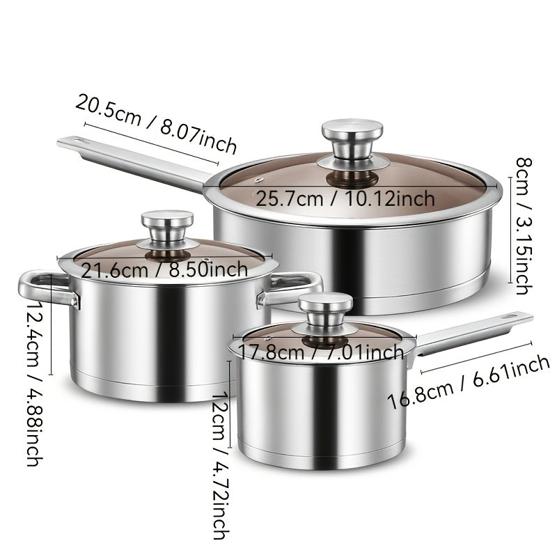 Three-piece set of stainless steel cookware includes a durable soup pot with double handles, a saucepan with a single handle, and a frying pan. All pieces are heat-resistant, easy to clean, and feature visual lids and hollow handles for added convenience.