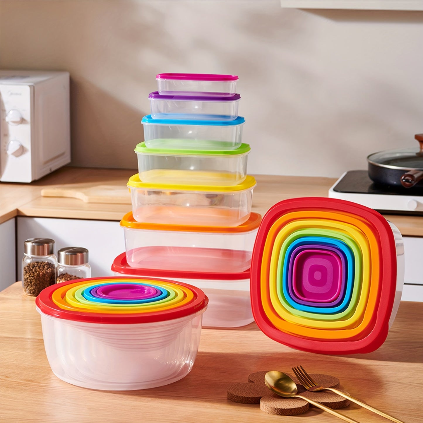 Keep your food fresh with the Rainbow Fresh-keeping Box Set. This set includes 4/5/6pcs containers with lids, perfect for storing large amounts of food. These reusable containers are perfect for storing food in the refrigerator, packing lunches, or