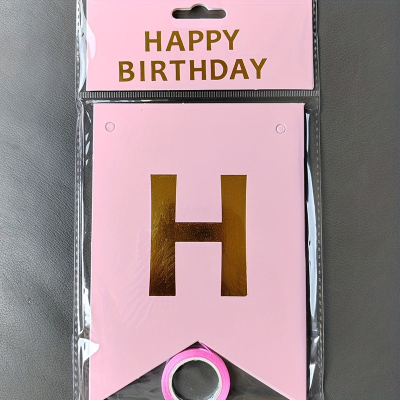 1 piece of English gilt Happy Birthday dovetail flag alphabet banner for birthday party decorated with triangle fish tail flag.