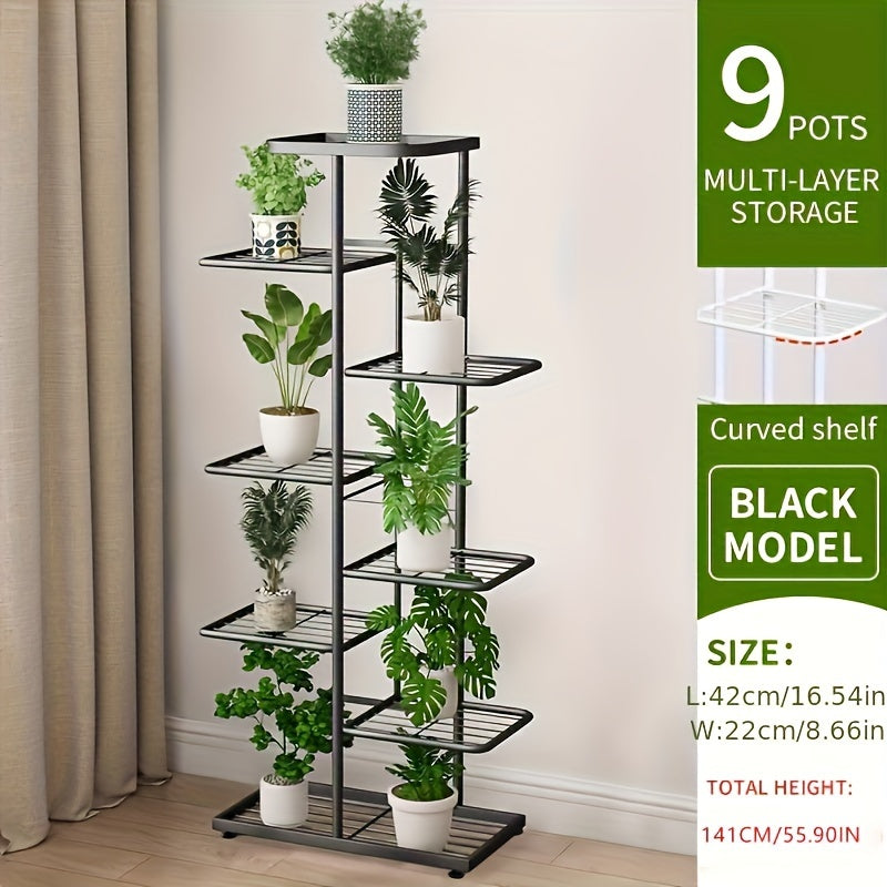 Special offer: Black Five metal plant stand with 8 layers, holding up to 9 potted plants. Ideal for indoor or outdoor use, displaying succulents and green plants. Features rust-proof