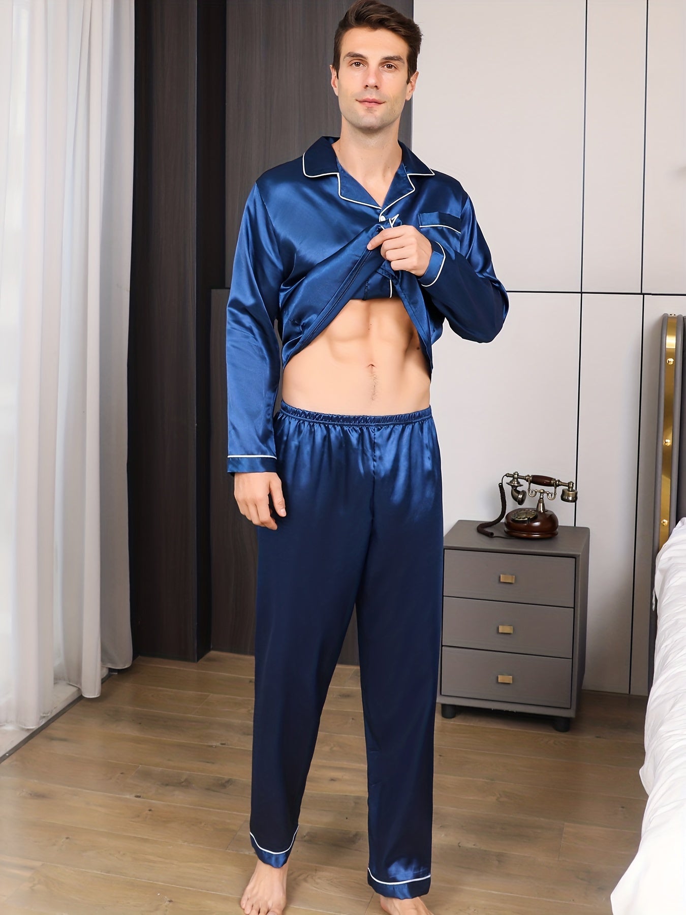 Men's two-piece silk pajamas for spring, summer, and autumn, versatile for indoor and outdoor wear.