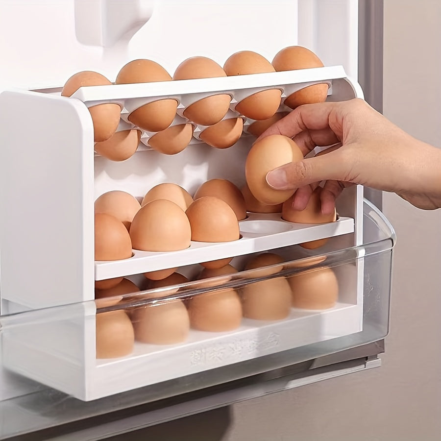 Large capacity plastic refrigerator egg holder with flip storage box for organizing and maintaining freshness of 30 eggs without batteries.