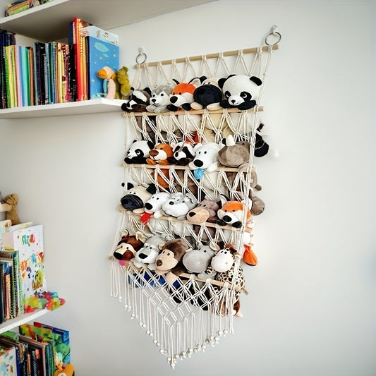 1 Bohemian handwoven fabric storage rack with multiple layers for organizing toys, crafts, sewing supplies, towels, and tissues. Versatile for different room types with included accessory hooks. Great home gift.