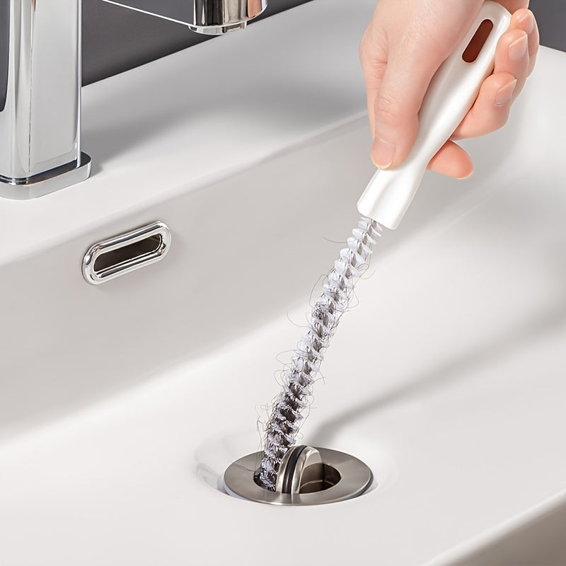 Flexible Metal Brush Drain Clog Remover Tool - Perfect for Unclogging Kitchen & Bathroom Sink Drains, Removes Hair and Debris with Ease, No Power Required, Features White Handle