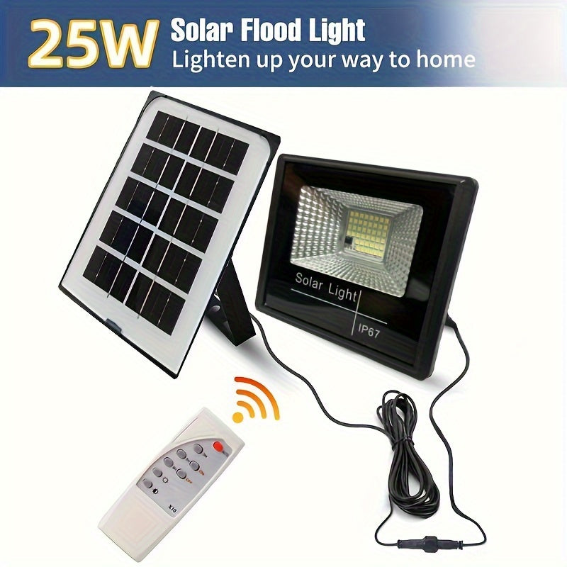 Solar floodlight with remote control, adjustable spotlight, automatic on/off LED light for outdoor safety from dusk to dawn in yards, gardens, pavilions, sheds, barns, and garages.