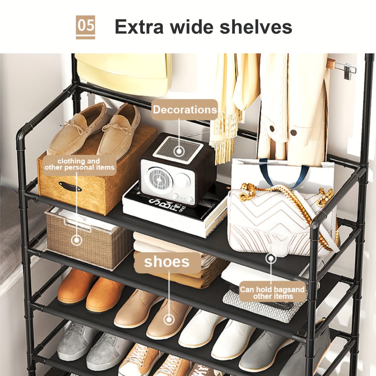 Multi-functional 4/5-Tier Entryway Organizer featuring a Shoe Rack and Hooks - Excellent for storing Keys, Coats, Hats, and Umbrellas - Great for use in Home, Office, or Dormitory Settings.