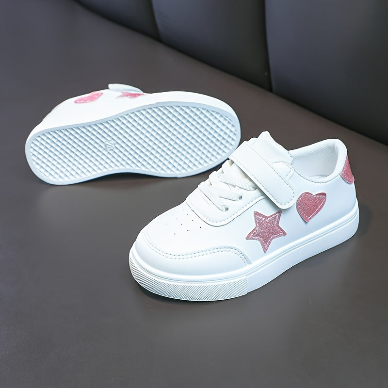 Girls' Cute Star and Heart Pattern Sports Sneakers, Low-Top Lace-Up Shoes for Outdoor Activities, Ages 14 and Under