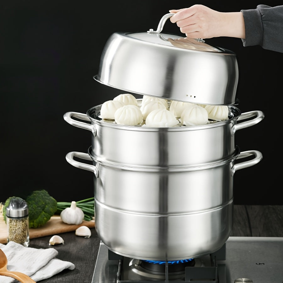 Large capacity 3-tier steamer made of durable 304 stainless steel. Features multi-level steaming baskets for vegetables, dumplings, and seafood. Compatible with induction and gas stoves.