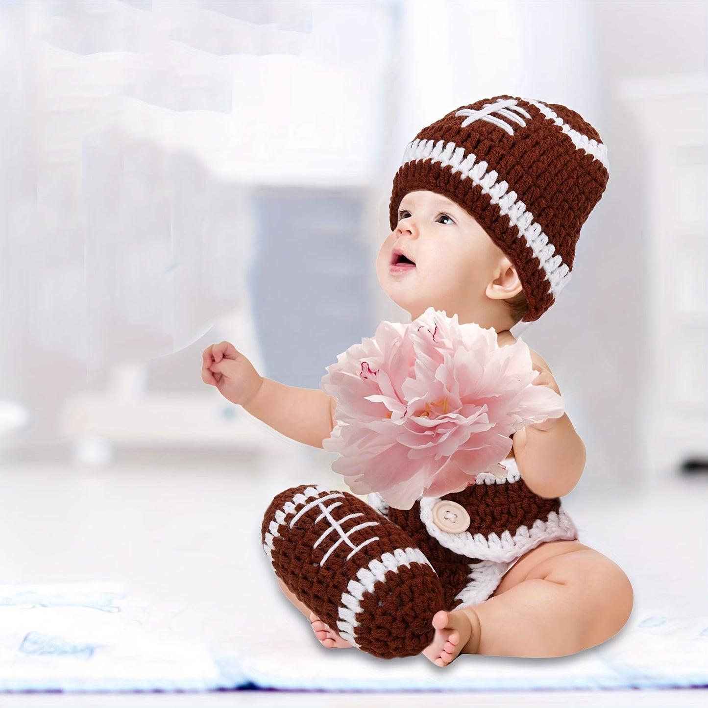 Crochet Football Photo Prop Outfit Set for Newborns - 3-Piece Knitted Costume perfect for 0-3 Years, made of Polyester for a memorable keepsake.