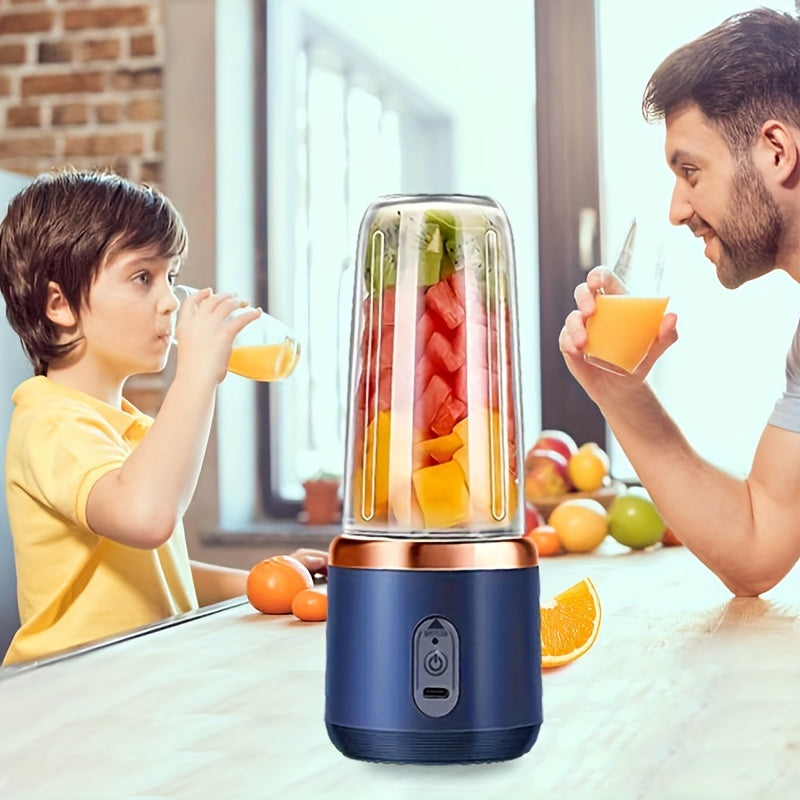 Portable USB juicer blender with 380ml capacity, detachable six-blade design, easy to clean, rechargeable battery, food-grade materials, and push-button control.