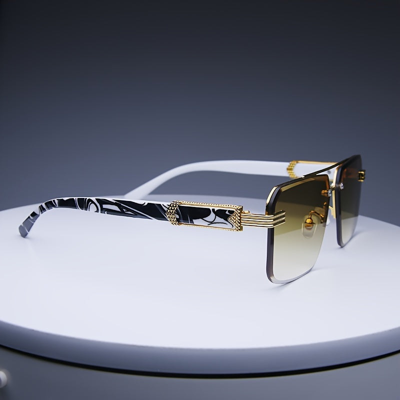 Men's fashion glasses with retro design, diamond cut edges, marble wood accents, ideal for activities, with rectangular rimless design.