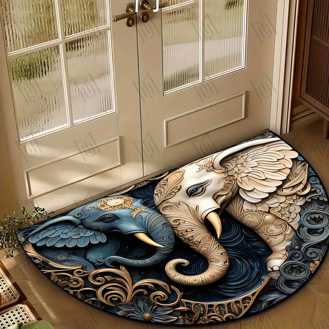 This Elephant Welcome Mat features a non-slip backing and is durable and stain-resistant, making it perfect for use in the living room, bedroom, laundry room, entryway, kitchen, or any indoor space. Its half-circle shape, machine-made construction, and