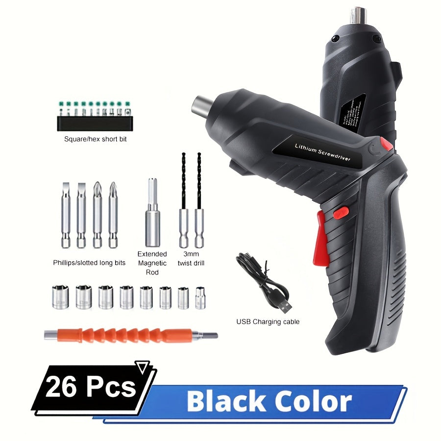 Set of power tools with lithium battery, electric drill, and cordless screwdriver in 2, 14, 26, or 47 pieces.