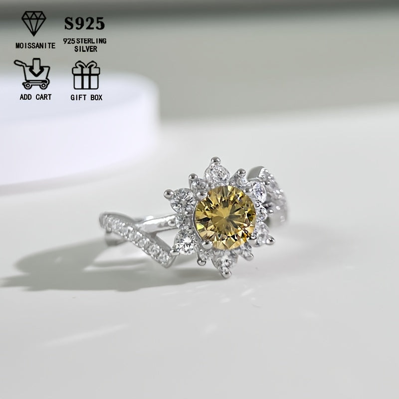 This Sunflower Ring in S925 Sterling Silver is adorned with a stunning 1Ct Colored Moissanite. It is low allergic and exudes an elegant, bohemian style that is perfect for both daily wear and weddings. Presented in a Moissanite gift box, this ring is