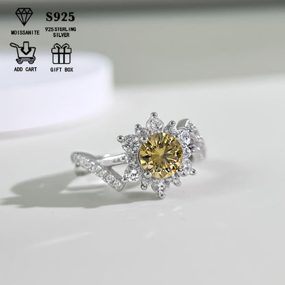 This Sunflower Ring in S925 Sterling Silver is adorned with a stunning 1Ct Colored Moissanite. It is low allergic and exudes an elegant, bohemian style that is perfect for both daily wear and weddings. Presented in a Moissanite gift box, this ring is