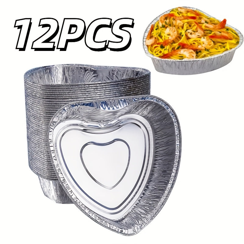 12 heart-shaped aluminum foil pans, suitable for baking, roasting, and insulating. These disposable and recyclable pans are chemical-free, making them ideal for holiday meals, food preparation, cakes, and oven use.