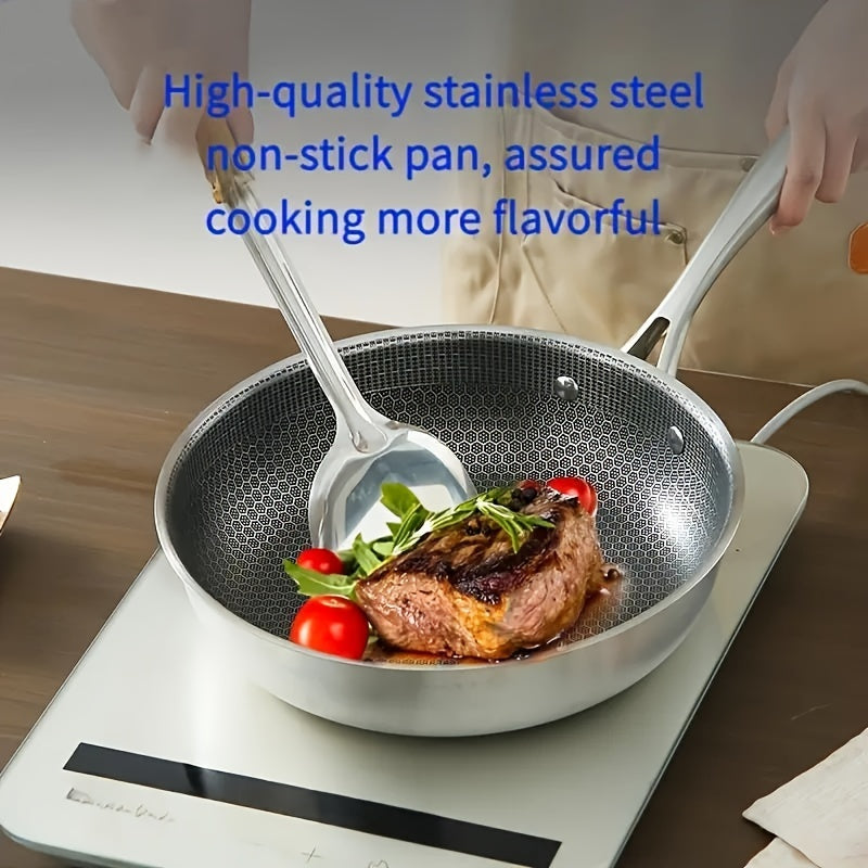 One piece of a scratch-resistant stainless steel skillet with a honeycomb design, ideal for both kitchen and outdoor cooking.