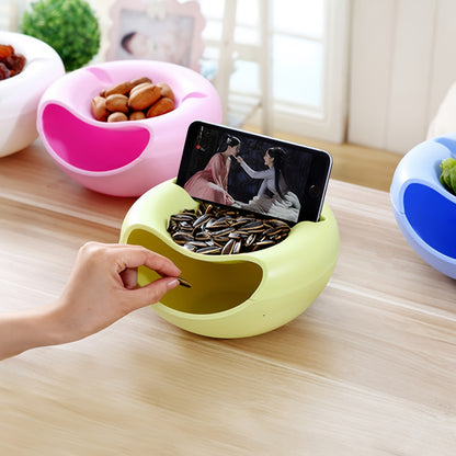 Sunflower seed storage box with detachable double-layer design and built-in cellphone holder, ideal for organizing nuts, fruits, candy, and snacks at home.