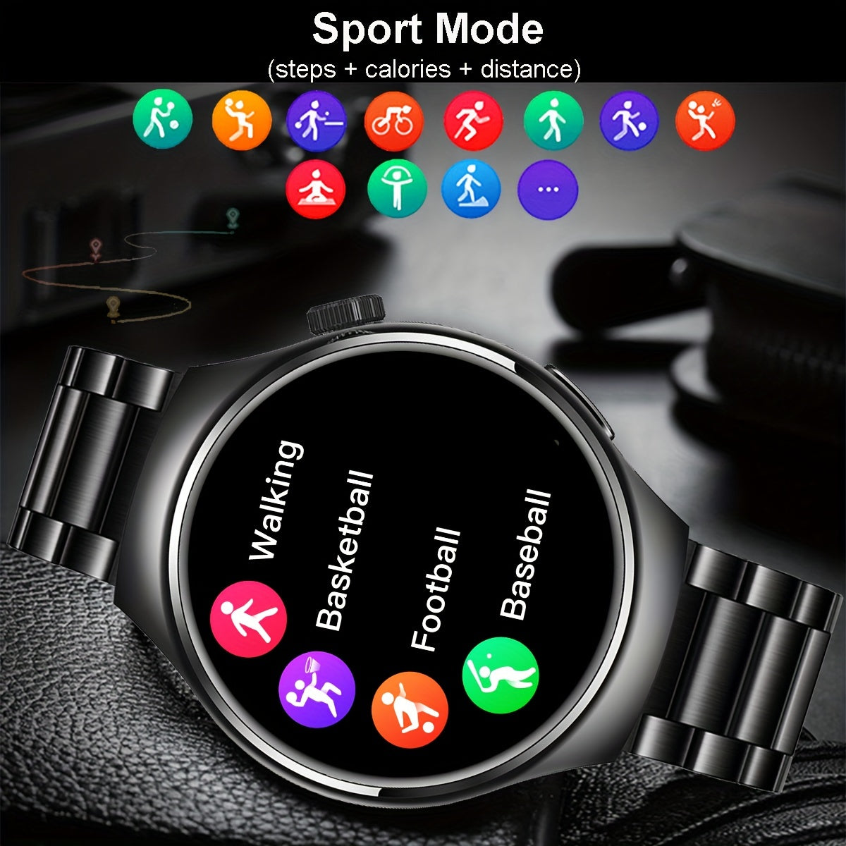 1.39-inch smartwatch with full touch screen for wireless calls, supports Android and iPhone, 100+ sports modes, customizable faces, tracks calories, steps, distance, and sports fitness.