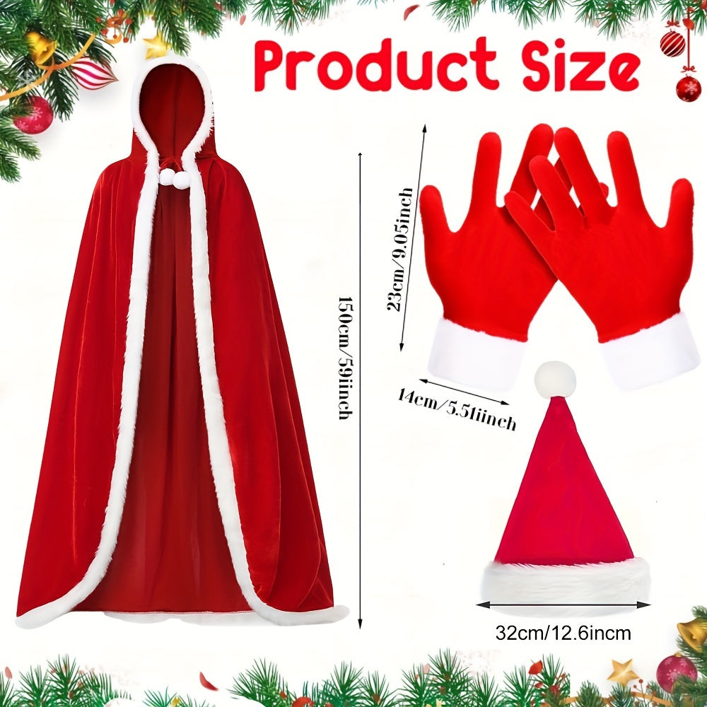 Get into the holiday spirit with our Christmas Santa Claus Costume Accessory Set! This set includes a comfortable velvet hooded cloak with white trim, a cute red velvet Santa hat, and cozy polyester & spandex gloves for ladies. Perfect for festive