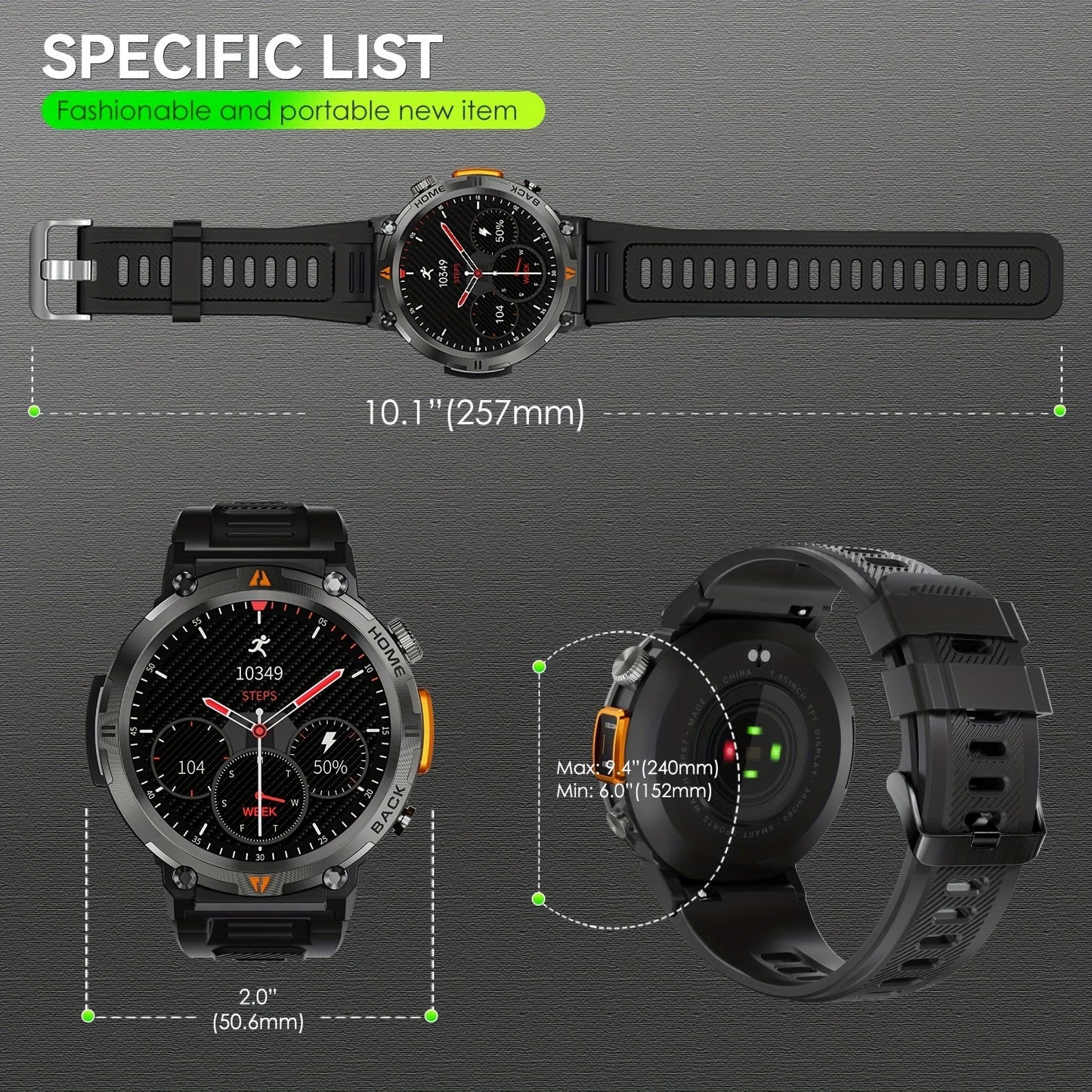 EIGIIS KE3 Men's Smartwatch offers a high-definition touch display, built-in LED flashlight, and the ability to receive calls and texts. It also includes a fitness tracker with a pedometer feature, designed for use with both iPhone and Android devices.