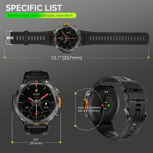 EIGIIS KE3 Men's Smartwatch offers a high-definition touch display, built-in LED flashlight, and the ability to receive calls and texts. It also includes a fitness tracker with a pedometer feature, designed for use with both iPhone and Android devices.