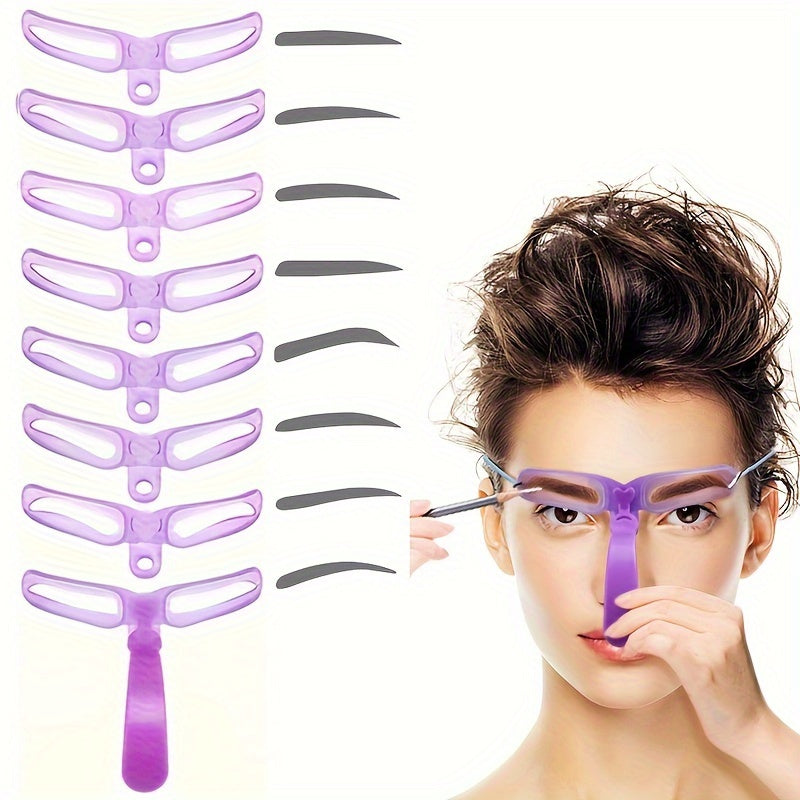 8-piece eyebrow stencil set with hypoallergenic silicone brushes and ABS plastic handles, suitable for all skin types.