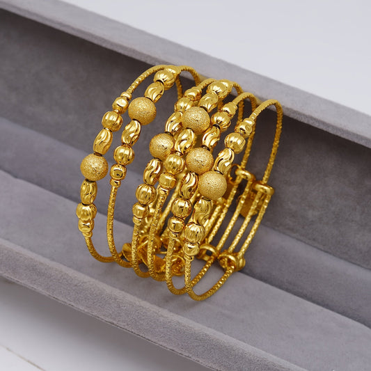 Vintage Boho Style Adjustable Gold-Tone Beaded Bracelets Set of 6, Alloy Bangles for Women, Perfect for Bridal Wedding and Special Occasions, Also Great for Daily Wear