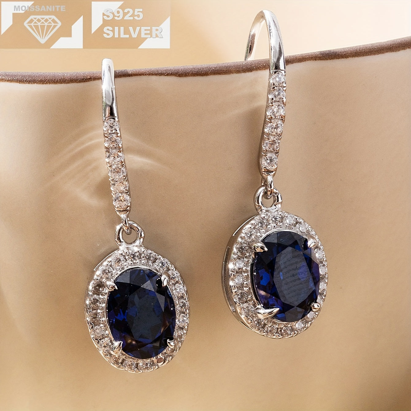 Timeless Elegant 925 Sterling Silver Drop Earrings with Oval Cut Synthetic Sapphire & Moissanite Accents, Vintage Inspired, Perfect for Weddings & Special Occasions, Versatile All-Year Glamour