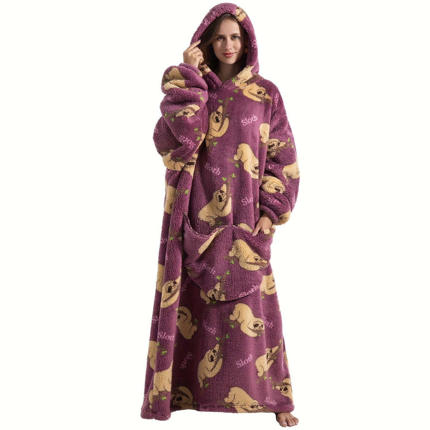 Super warm and cozy fleece oversized hoodie blanket with sleeves for adults. This wearable blanket hoodie features a giant pocket and is perfect for staying extra warm on cold days. Makes a great gift for women, men, and moms.