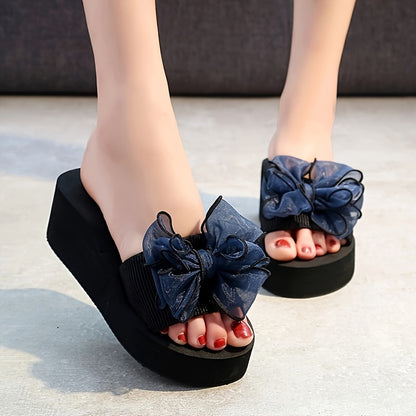 Women's Bowknot Wedge Heeled Sandals, Open Toe Platform, Slip On Comfort.