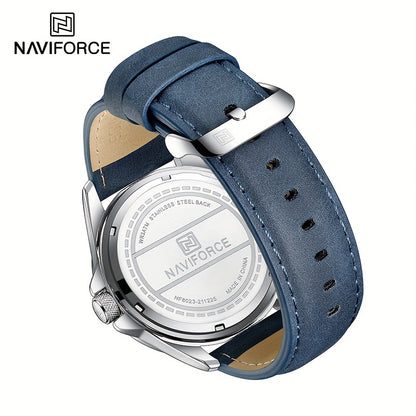 NAVIFORCE Men's Quartz Sports Watch with Faux Leather Strap, Round Zinc Alloy Case, Simple Design, Electronic Movement, Pointer Display.