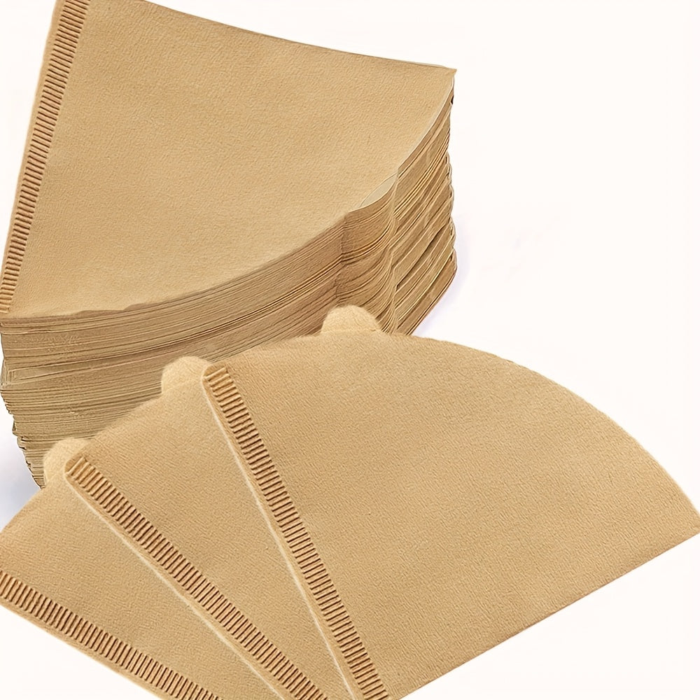 Disposable unbleached natural paper coffee filters for 8-12 cup coffee makers, designed for pour over and drip brewing methods with no blow outs, comes in a pack of 100.