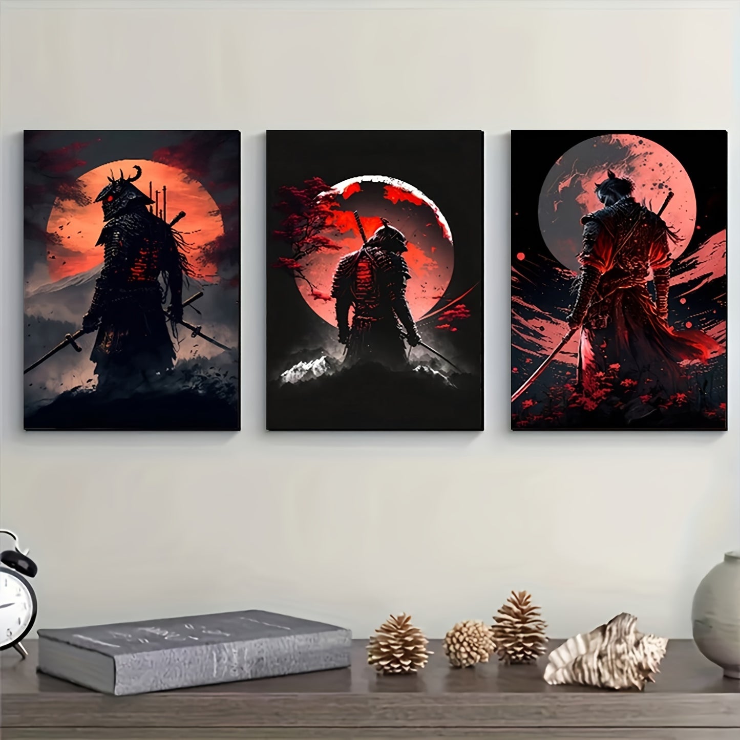 Japanese Samurai & Mountain Anime Canvas Art Prints - Set of 3 - Frameless - Retro & Modern Wall Decor for Living Room, Bedroom, Office