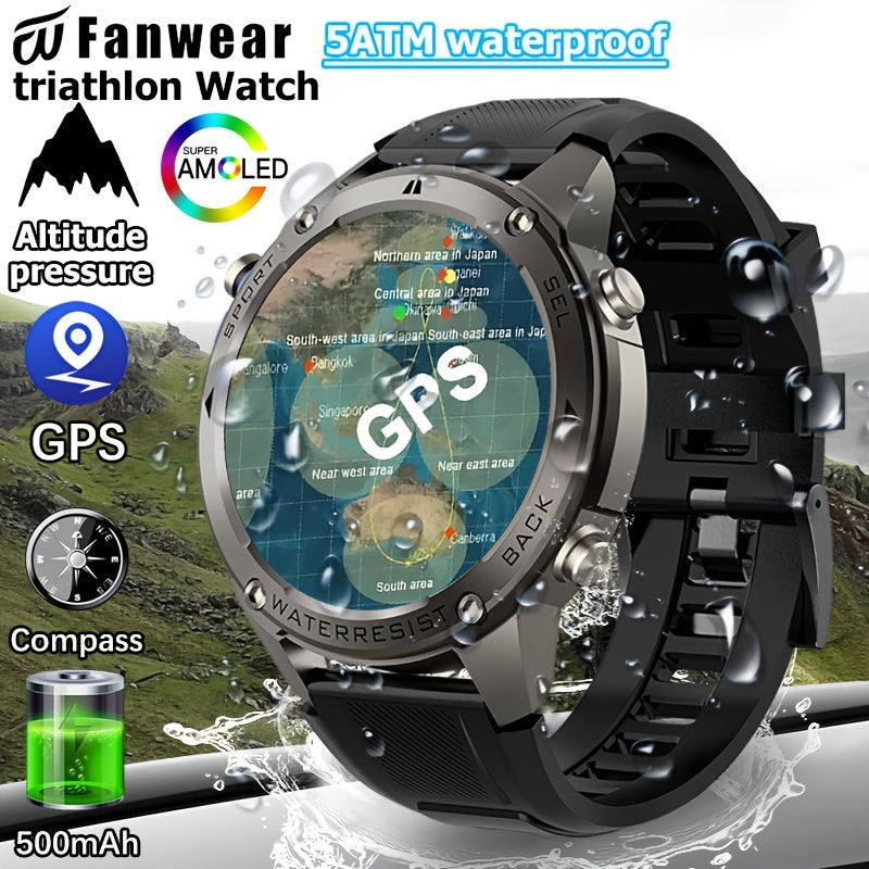 GPS smart watch for outdoor enthusiasts with compass, altitude, swimming, triathlon modes, and 170+ sports modes. Features include automatic motion pattern recognition, ATS3085L chip, and