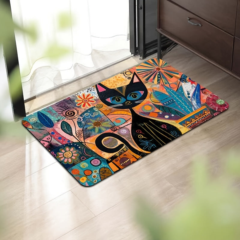 Abstract Art Cat Doormat - Easy to Clean in Washing Machine, Non-Slip PVC Backing, Made of Durable Polyester - Rectangle Mat for Bathroom, Kitchen, Living Room, or Bedroom - Stylish Entryway Decor Rug