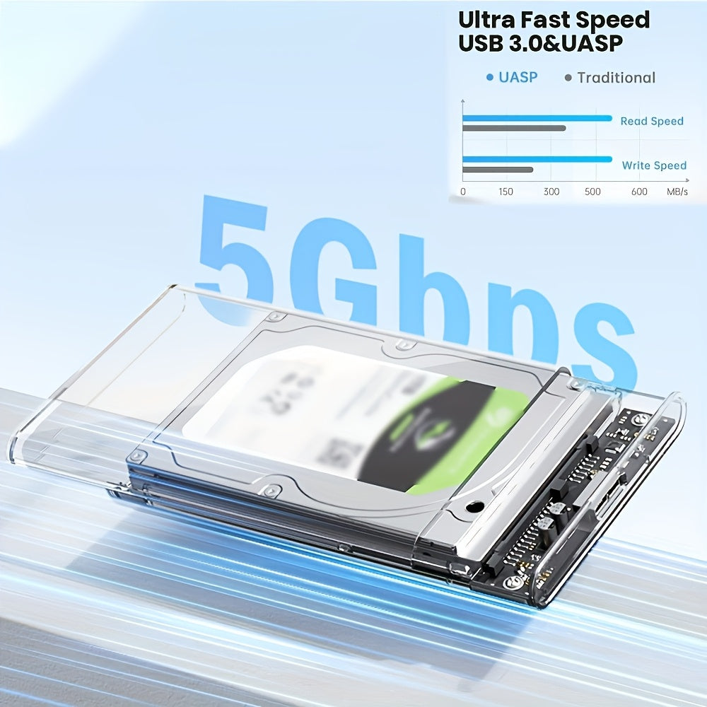 Ultra-Fast USB 3.0 SATA Qattiq Disk Qutisi 2.5-dyuym HDD/SSD uchun, Asboblarsiz O'rnatish, Qizib Ketishdan Himoya, 5Gbps UASP Tezlashtirilgan, PC/Mac bilan Mos, Noutbuklar/Kompyuterlar uchun Ideal, Sata