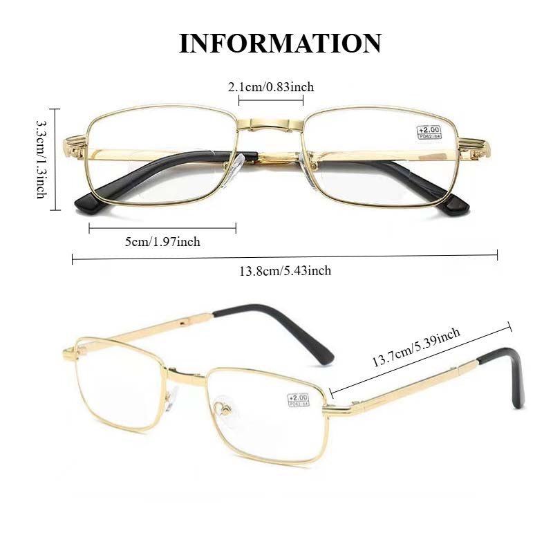 Foldable Golden Dual Light Reading Glasses with Bi-Focal Lenses (+1.0~+4.0) in Stylish Metal Frame. Portable and Scratch-Resistant for Office, Home & Travel. Comes with Case.