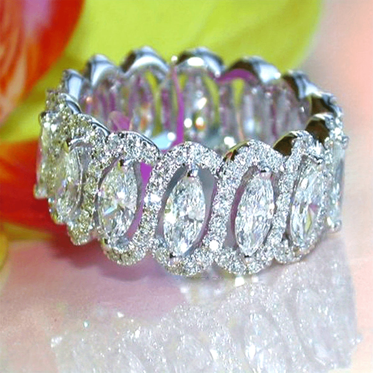 Luxurious Valentine's Day Eternity Band Ring featuring Marquise Cut Synthetic Cubic Zirconia, Silver Plated in 925 Sterling Silver, Copper Base for extra durability. A dazzling gift for a Wedding Anniversary or April Birthstone, perfect for sophisticated