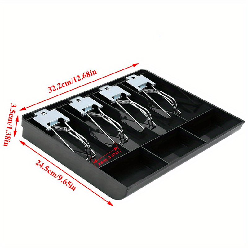 Upgraded metal cash register drawer insert tray with 5 bills/4 coins slots, black.