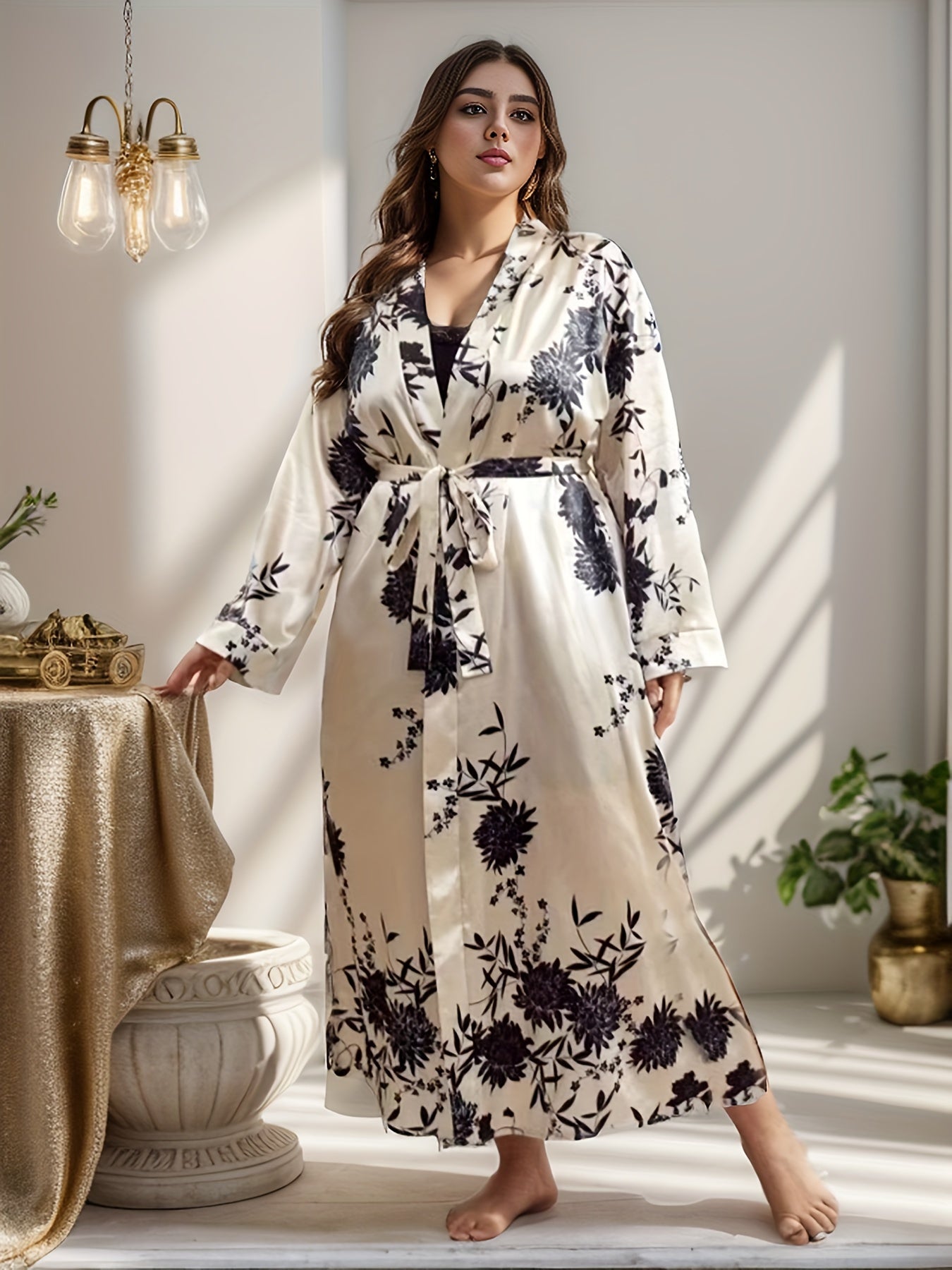 Women's plus size satin robe with floral print, long sleeves, belt, and soft polyester fabric. Perfect for holiday gatherings.