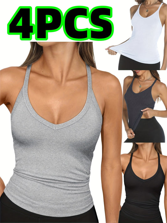 4-Pack ayollar uchun sexy kamisol tank top, 95% polyester elastik trikotaj matodan tayyorlangan. Qattiq rangli V-shaklidagi yengsiz top, nafas oladigan tor mos keladi. Ichki va tashqi kiyim, yoga uchun ideal.